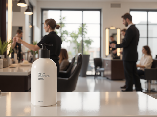 Modern office space with team members working on hair products, showing professional environment